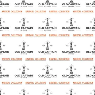 Nautical seamless pattern with lighthouse, seagull, rope symbols and typography Stock Illustration