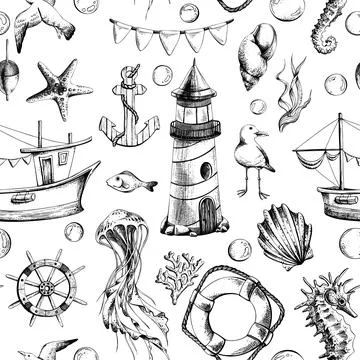 Nautical seamless pattern with marine underwater animals, a lighthouse and a Illustrazione stock