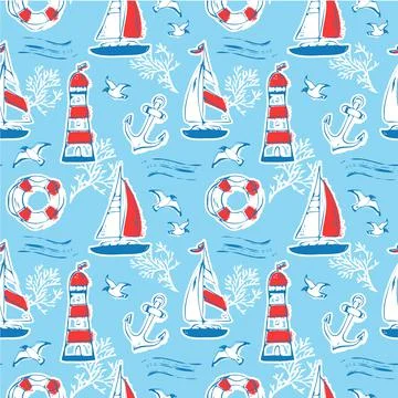 Nautical seamless pattern with sailboat, lighthouse, anchor. Sea background. Stock Illustration