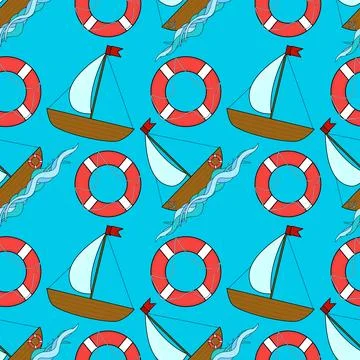 Nautical Seamless Pattern with Sailboats and Lifebuoys 스톡 일러스트
