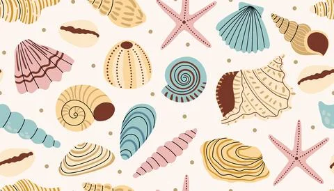 Nautical seamless pattern with seashell, starfish and tiny dot in messy ord.. Stock Illustration