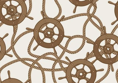 Nautical seamless pattern with ship steering wheels and ropes. Stock Illustration