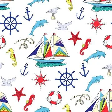 Nautical seamless pattern with ships Stock Illustration