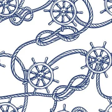 Nautical seamless pattern with ships wheel and rope. Vector hand drawn sket.. 스톡 일러스트
