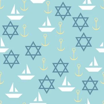 Nautical seamless pattern with star of David, sailing boats and anchors. Vect Illustrazione stock