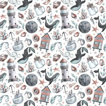 Nautical seamless pattern with whales, lighthouses, shells and a steamer 스톡 일러스트
