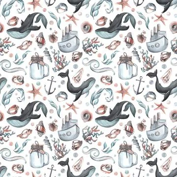 Nautical seamless pattern with whales, shells and a steamer. Watercolor Illustrazione stock