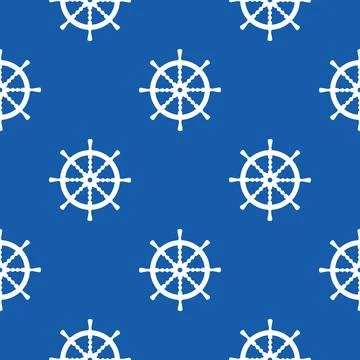Nautical seamless pattern with white ship wheel silhouette in polka dot ord.. Stock Illustration