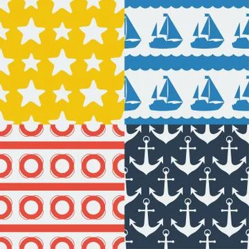 Nautical seamless patterns set in flat design style Stockillustratie