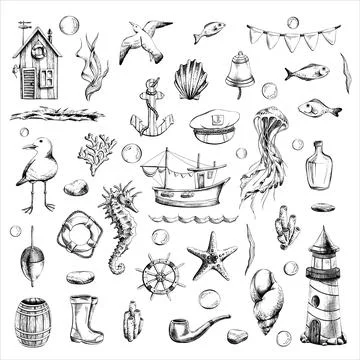 Nautical set with ship, lighthouse, underwater animals and various elements 스톡 일러스트