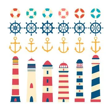 Nautical set. Steering wheel, lighthouse, anchor and lifebuoy. Nautical ele.. Stock Illustration