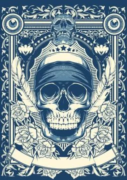 Nautical Skull and Wolf Crest with Roses and Ornate Frame Stock Illustration