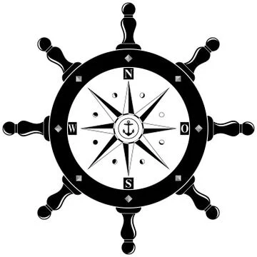Nautical Steering wheel and compass rose anchor in black on isolated white. Stock Illustration