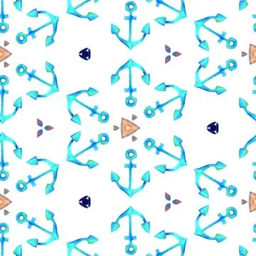 Nautical summer blue seamless pattern with anchors. Watercolor isolated on wh Stock Illustration