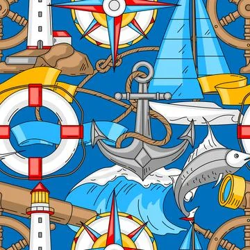 Nautical symbols tile pattern. Travel and tourism background. Retro style cre Stock Illustration