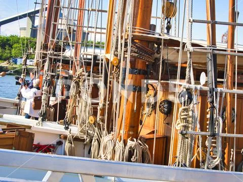 Nautical tackles and equipment of the old tall ship. Rigging ropes
