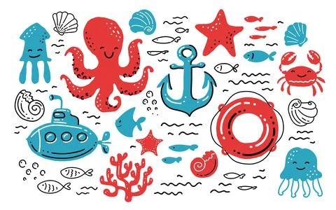 Nautical theme set. Marine concept. Cute cartoon vector illustration Stock Illustration