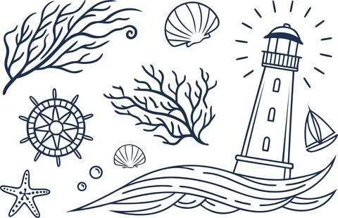 Nautical theme vector illustrations set with lighthouse and ocean elements. Stock Illustration