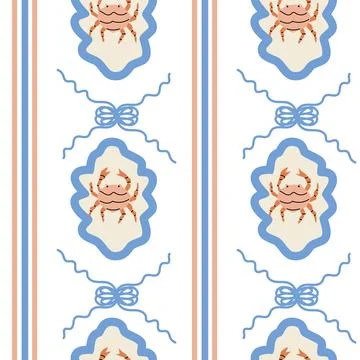 Nautical-themed pattern with crabs and marine motifs in blue and red design Stock Illustration
