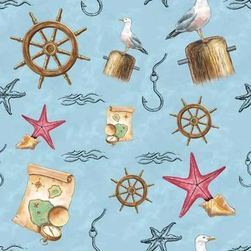 Nautical themed pattern Nautical themed pattern with hand-drawn elements i... Stock Photos