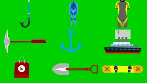 Nautical tools on green screen featuring harpoon flipper wetsuit pickaxe Vídeo Stock 334704216