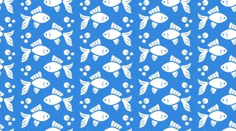 Nautical vector seamless pattern with flat icons of fish school, bubbles. White Illustrazione stock