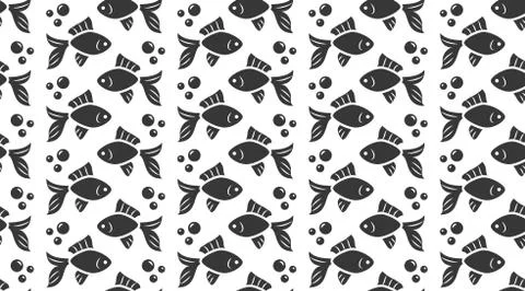 Nautical vector seamless pattern with flat icons of fish school, bubbles. Black Stock Illustration