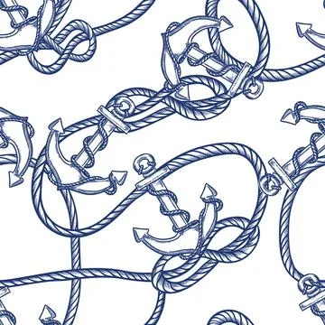 Nautical vintage seamless pattern with blue anchors and node rope. Vector han 스톡 일러스트