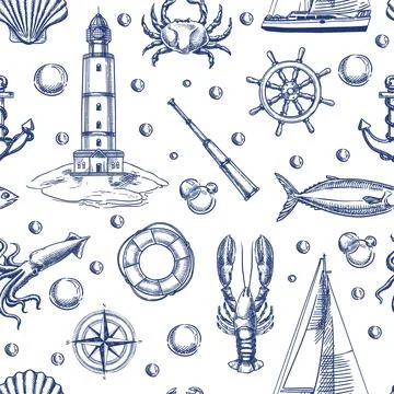 Nautical vintage seamless pattern with lighthouse, ship, anchor, sea animal.. 스톡 일러스트