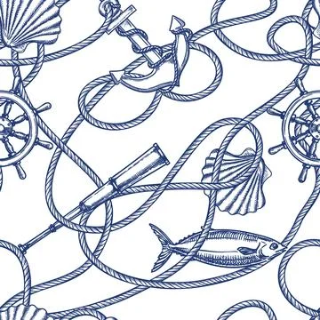 Nautical vintage seamless pattern with node rope, anchor, fish, seashell. Vec 스톡 일러스트