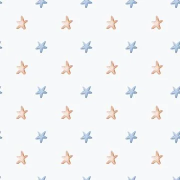 Nautical watercolor pattern with starfish in soft blue and coral for fabric.. Stock Illustration