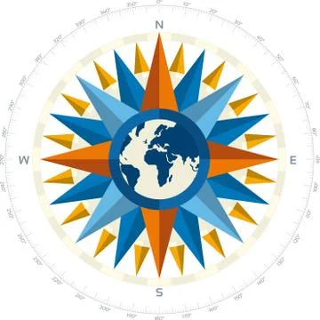 Nautical windrose with earth icon inside. Detailed icon. Stock Illustration