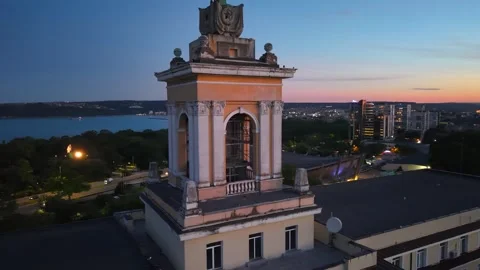 Naval Academy Tower and Palace of Culture and Sports in Varna at Blue Hour Stock Footage 343634816