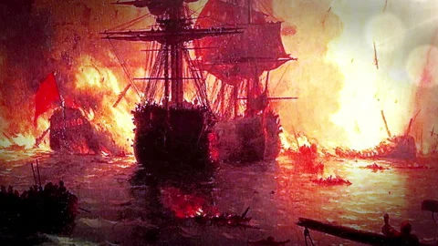 Naval Battle of Chesma: 3 Dynamic Moves in 3D Space, With Dramatic Lighting Stock Footage 205036799