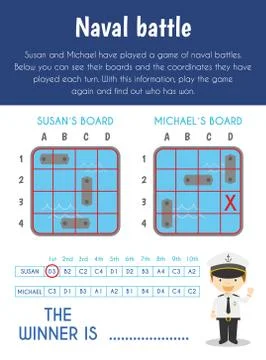 Naval battle Educational Sheet. Primary module for Spacial Understanding. 5-6 Illustrazione stock