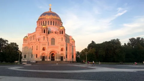 The Naval cathedral of Saint Nicholas is at evening light. Kronstadt, Russia Stock Footage 207688093