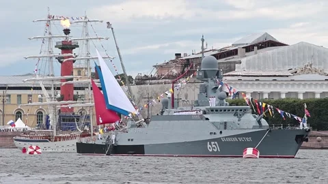 Naval parade in honor of the Navy Day. Stock Footage 203791349