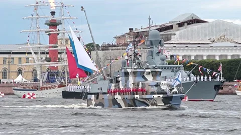 Naval parade in honor of the Navy Day. Stock Footage 203791538