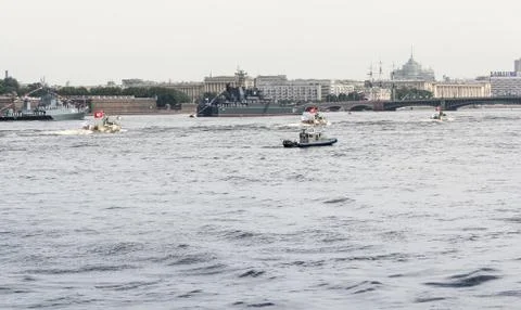 The naval parade on the Neva. Stock Photos