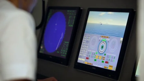 Naval school student studying control of the ship on simulation program to Video stock 84701919