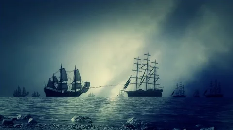 Naval Sea Battle Between Navy Fleets of Sailing ships Shooting Each Other Stock Footage 64231938