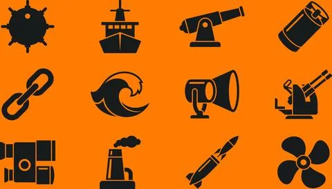 Naval Warfare and Maritime Elements Icon Set on Orange Background. Stock Illustration