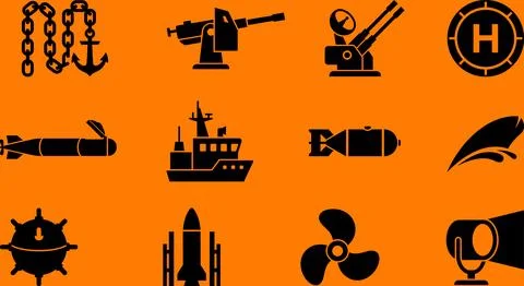Naval Warfare and Maritime Elements Icon Set on Orange Background. Stock Illustration