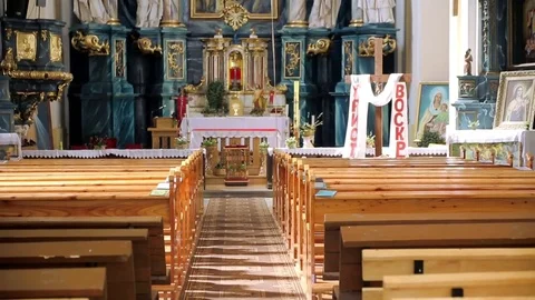 Nave of gothic basilica in Buchach city Stock Footage 70110068