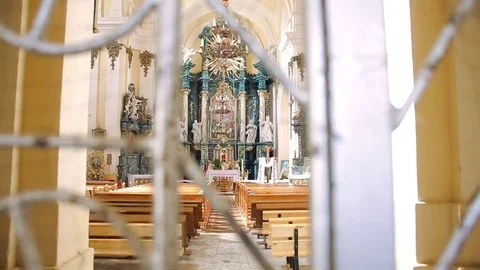 Nave of gothic basilica in Buchach city Stock Footage 70153552