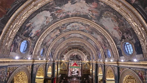 Nave view of Golden interior of St John's Co-Cathedral in Valletta Malta Stock Footage 224772896