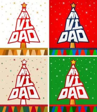 Navidad, Christmas Spanish text Vector Pine Lettering Shape Collection Set. Stock Illustration