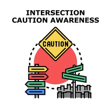 Navigating choices at intersection with caution sign and direction arrows Stock Illustration