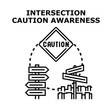 Navigating choices at intersection with caution sign and direction arrows Stock Illustration