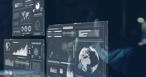 Navigating data analyst wearing dark jacket manipulating clear HUD panels in Stock Photos